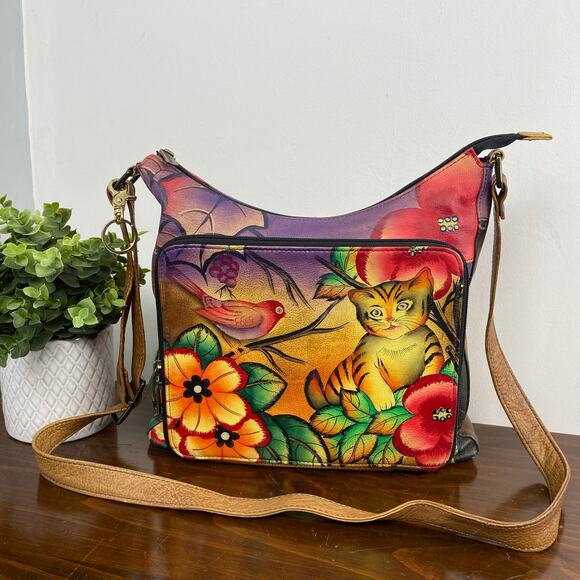 Anna by Anuschka Handbags - Anuschka Hand Painted Multi Pocket Hobo Leather Crossbody Bag Cat Floral Motif